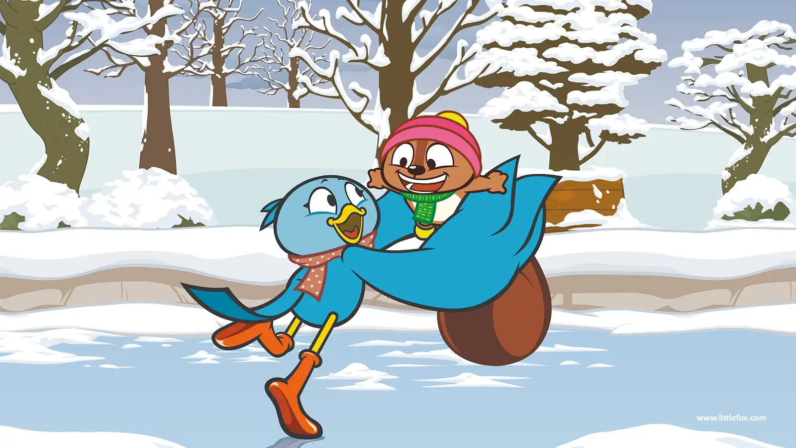 Little Fox 官方插画横版正文图,卡通角色在雪地场景中互动